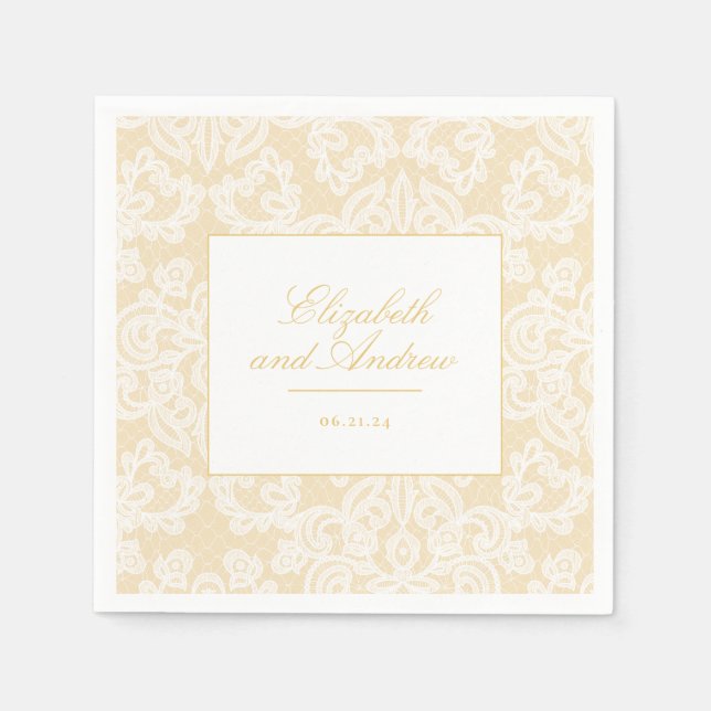 Sophisticated Gold and Lace Script Wedding Napkin (Front)