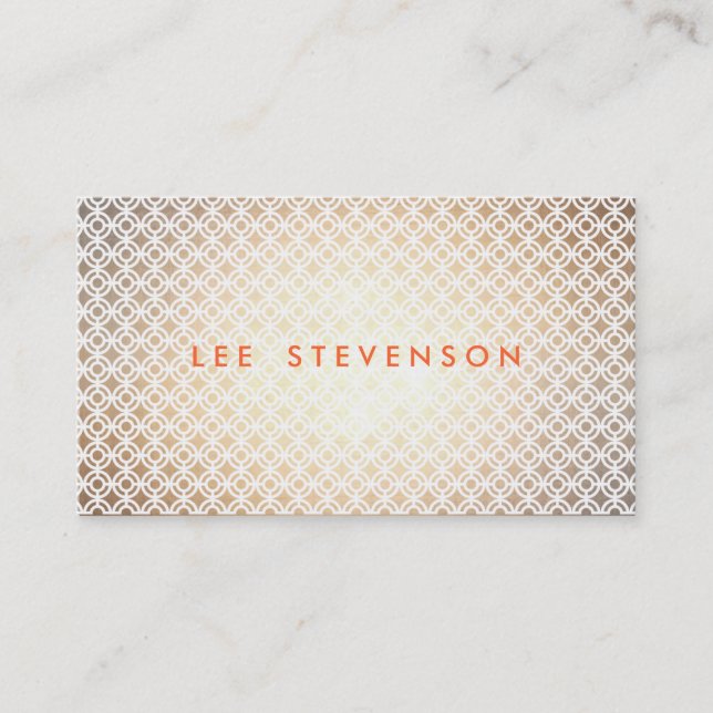 Sophisticated Gold and White Pattern Orange Text Business Card (Front)