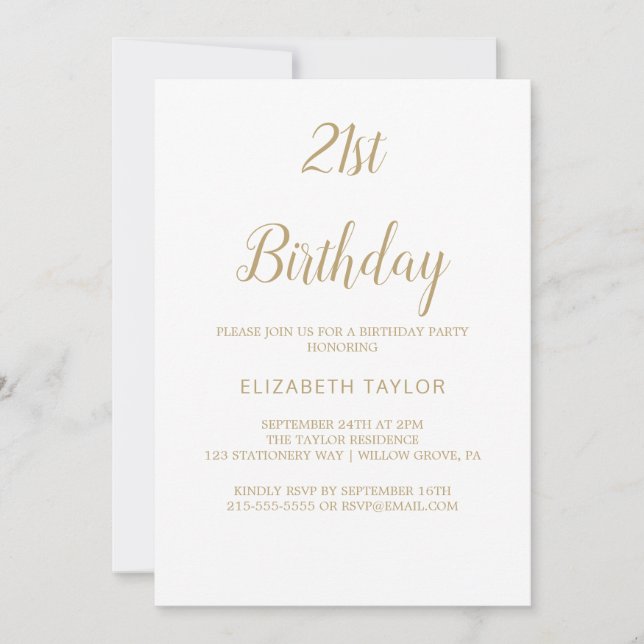 Sophisticated Gold Calligraphy 21st Birthday  Invitation (Front)