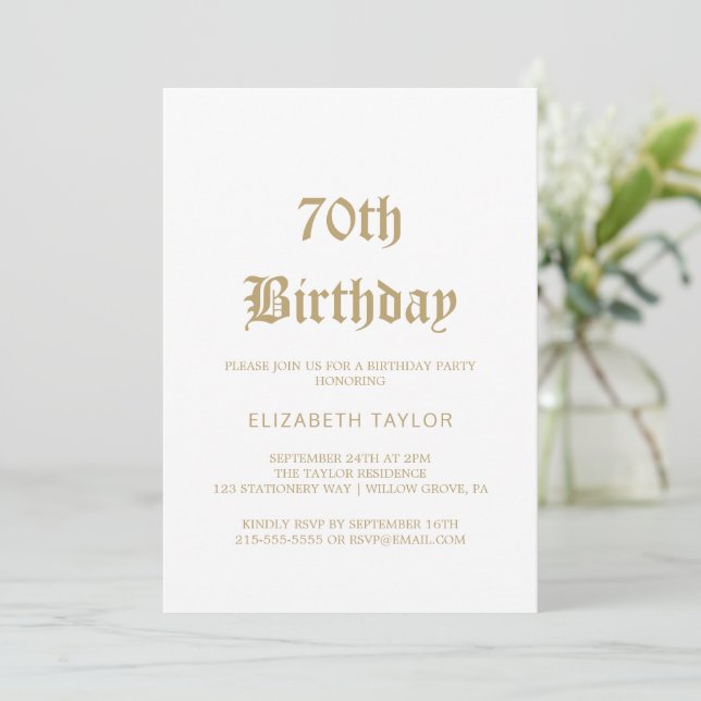 Sophisticated Gold Calligraphy 70th Birthday  Invitation (Standing Front)
