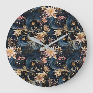 Sophisticated Gold Flowers On Navy Blue Large Clock