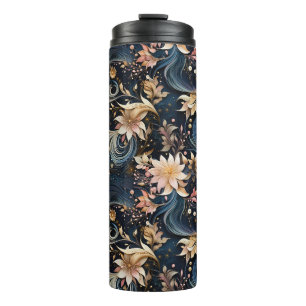 Sophisticated Gold Flowers On Navy Blue Thermal Tumbler