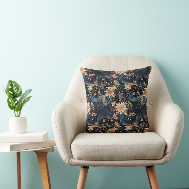 Sophisticated Gold Flowers On Navy Blue Throw Pillow (Chair)