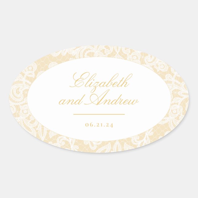 Sophisticated Gold Lace Elegant Wedding Oval Sticker (Front)