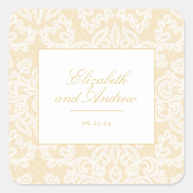 Sophisticated Gold Lace Elegant Wedding Square Sticker (Front)