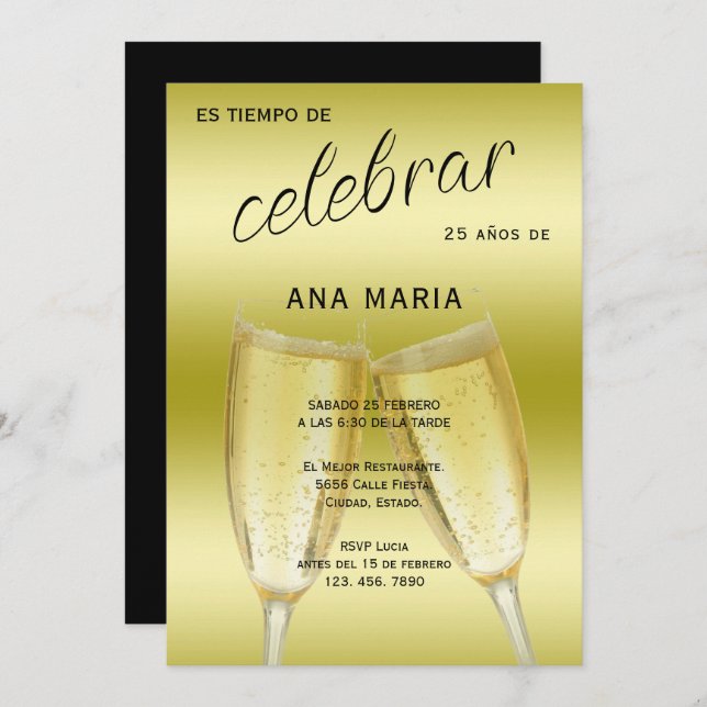 Sophisticated Gold Spanish Feminine Birthday  Invitation (Front/Back)