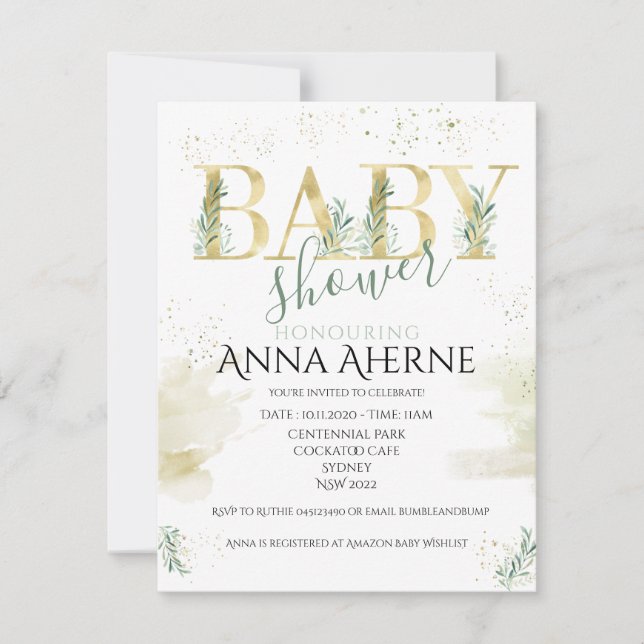 Sophisticated gold with sage green baby shower inv invitation (Front)