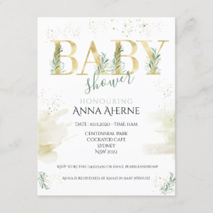 Sophisticated gold with sage green baby shower invitation