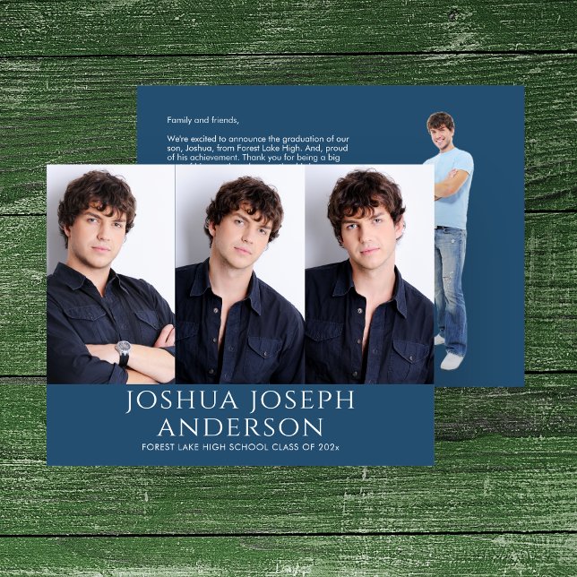 Sophisticated Graduation Three-Photo Royal Blue Card (Creator Uploaded)