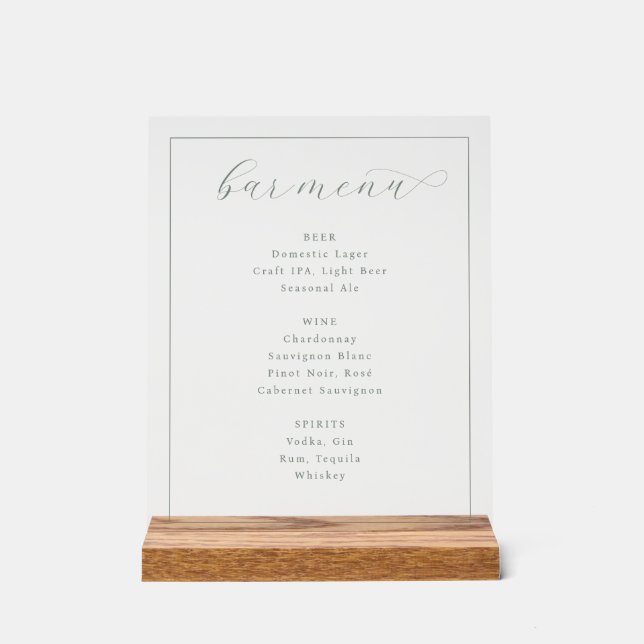 Sophisticated Gray Minimalist Bar Menu Acrylic Sign (Front)