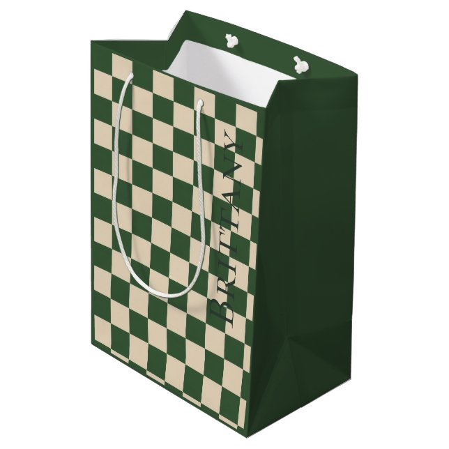 Sophisticated Green and Cream Check Customizable  Medium Gift Bag (Back Angled)