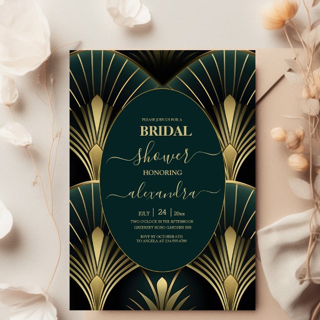 Sophisticated Green and Gold Art Deco Bridal Invitation (Creator Uploaded)