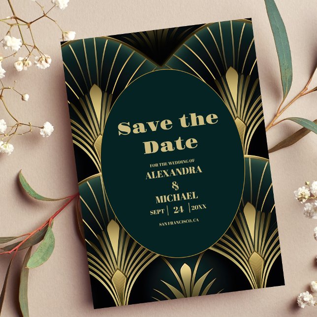 Sophisticated Green and Gold Art Deco Wedding  Save The Date (Creator Uploaded)