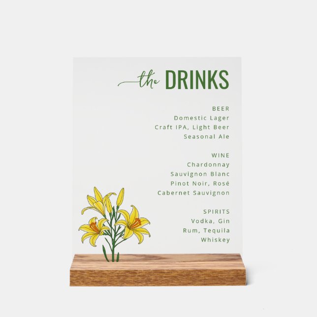 Sophisticated Green Floral Beverage Menu (Recto)