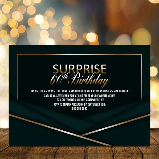 Sophisticated Green Gold 60th Surprise Birthday Invitation (Creator Uploaded)