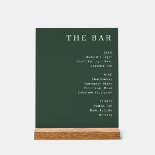 Sophisticated Green Minimalist Bar Menu Acrylic Sign