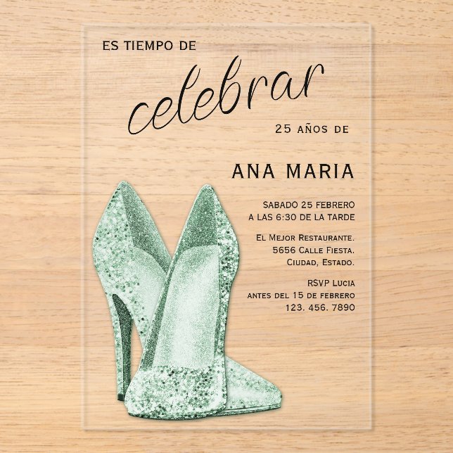 Sophisticated Green Spanish Feminine Birthday  Acrylic Invitations (Front)