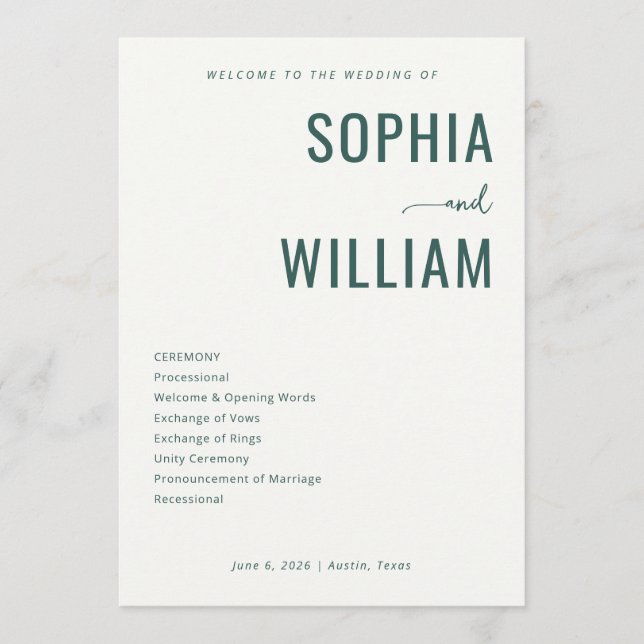 Sophisticated Green Wedding Ceremony Program (Front)