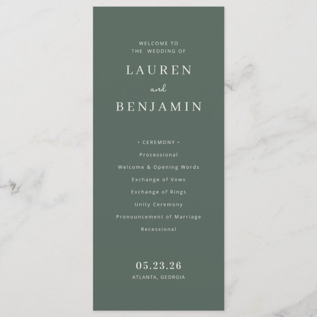 Sophisticated Green Wedding Ceremony Program (Front)