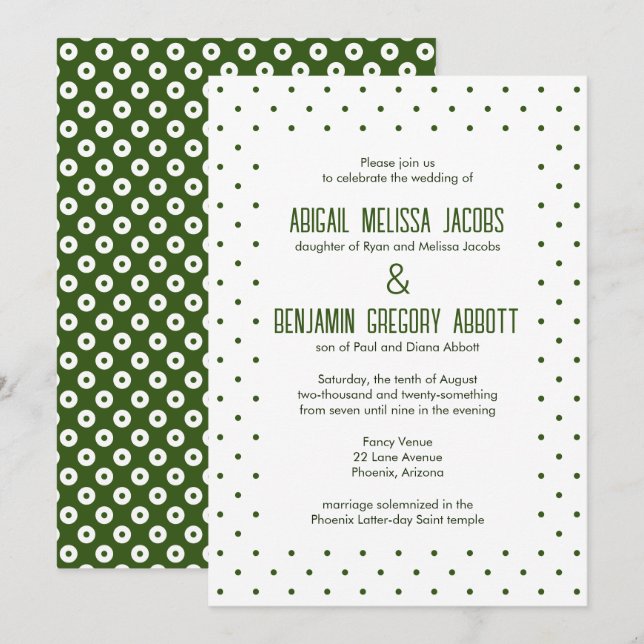 Sophisticated Green & White Polka-Dot Reception Invitation (Front/Back)