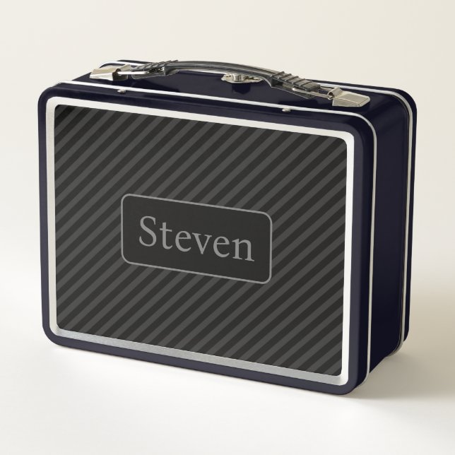 Sophisticated Grey & Black Pinstriped Personalized Metal Lunch Box (Back)