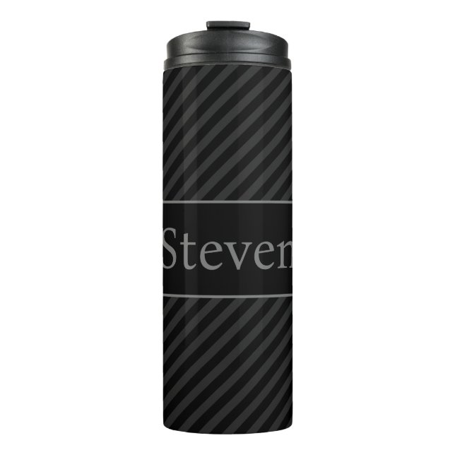 Sophisticated Grey & Black Pinstriped Personalized Thermal Tumbler (Front)