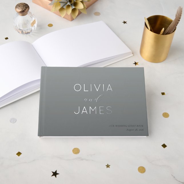 Sophisticated Grey Minimalist Calligraphy Guest Book (Front Open)