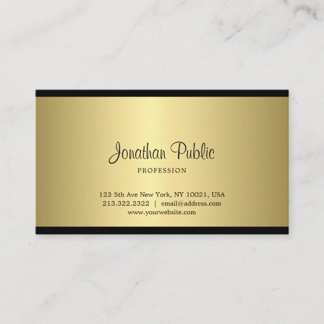 Sophisticated Handwritten Script Black And Gold Business Card (Front)