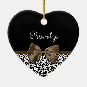 Sophisticated Leopard Print Brown Bow With Name Ceramic Ornament
