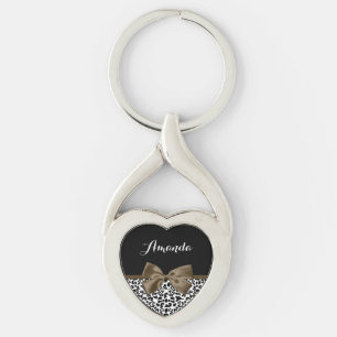 Sophisticated Leopard Print Brown Bow With Name Keychain