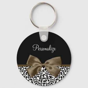 Sophisticated Leopard Print Brown Bow With Name Keychain