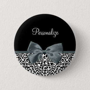 Sophisticated Leopard Print Grey Bow With Name 2 Inch Round Button