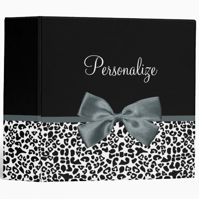 Sophisticated Leopard Print Grey Bow With Name Binder (Front/Spine)