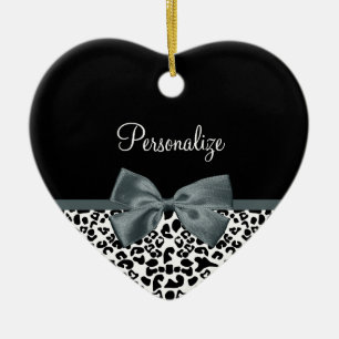 Sophisticated Leopard Print Grey Bow With Name Ceramic Ornament