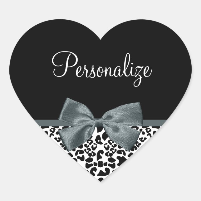 Sophisticated Leopard Print Grey Bow With Name Heart Sticker (Front)