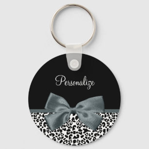 Sophisticated Leopard Print Grey Bow With Name Keychain