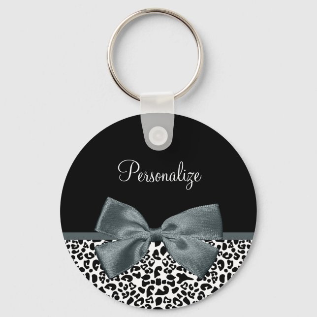 Sophisticated Leopard Print Grey Bow With Name Keychain (Front)