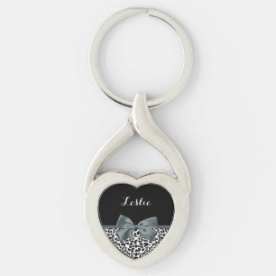 Sophisticated Leopard Print Grey Bow With Name Keychain