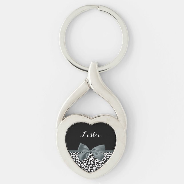 Sophisticated Leopard Print Grey Bow With Name Keychain (Front)