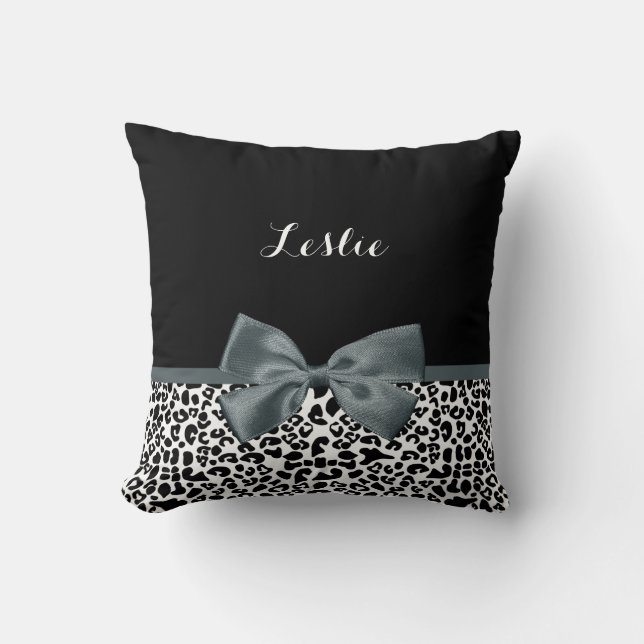 Sophisticated Leopard Print Grey Bow With Name Throw Pillow (Front)