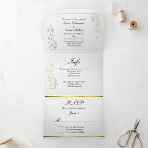 Sophisticated Luxurious Gold Flourish Wedding Tri-Fold Invitation