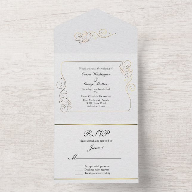 Sophisticated Luxurious Gold Flourishes Wedding All In One Invitation (Inside)