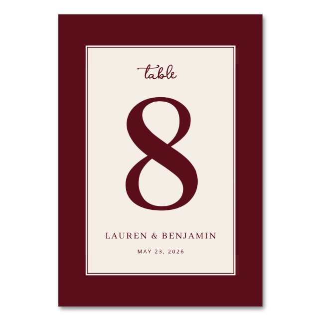 Sophisticated Maroon Number Eight Table Number (Front)