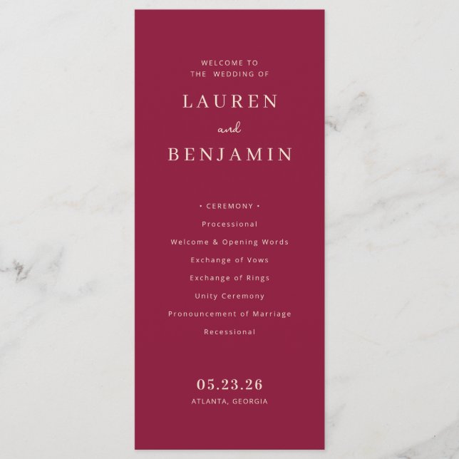 Sophisticated Maroon Wedding Ceremony Program (Front)