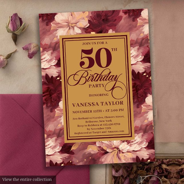 Sophisticated merlot blush gold floral birthday  invitation (Sophisticated merlot blush gold floral birthday invite

)