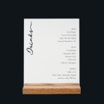 Sophisticated Minimalist Beverage Menu Acrylic Sign<br><div class="desc">This elegant wedding menu features a minimalist design with a clean white background and black text, creating a sophisticated and modern look. The layout includes an artistic cursive title "Drinks" on the left, paired with two neatly organized columns of beverage options on the right, categorized under BEER, WINE, and SPIRITS....</div>