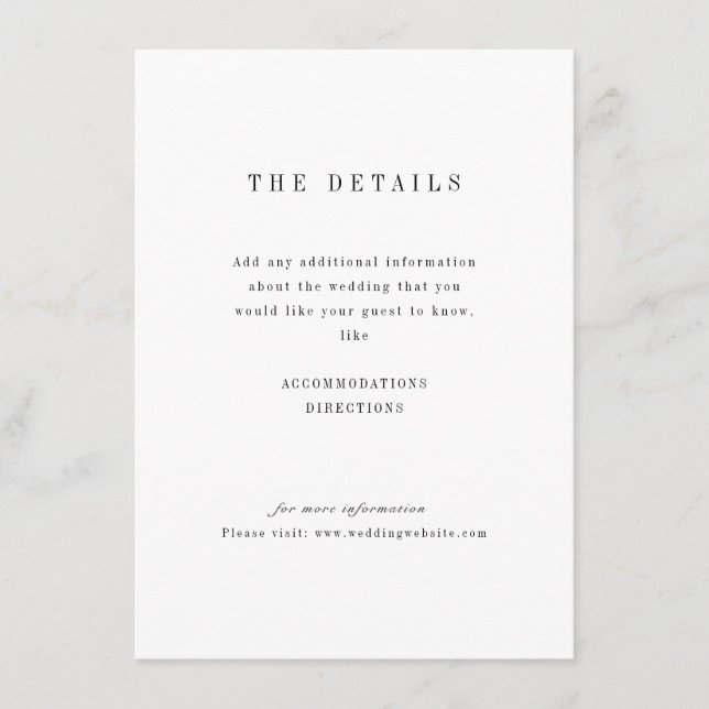 Sophisticated minimalist wedding  details card (Front)