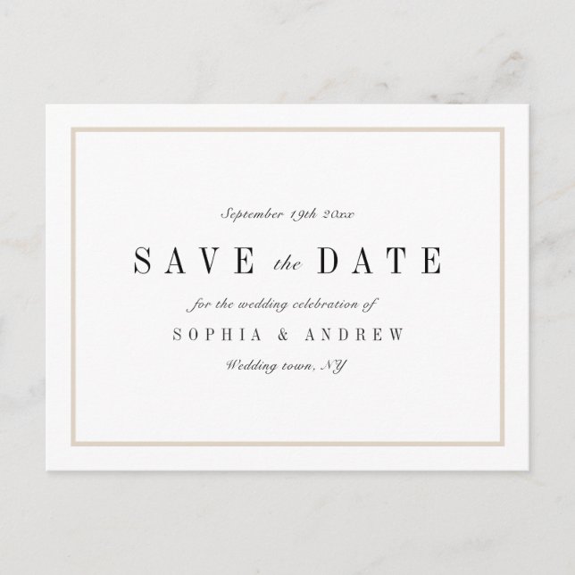 Sophisticated minimalist wedding save the date announcement postcard (Front)