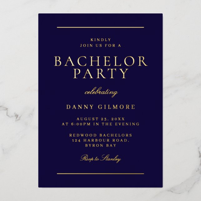 Sophisticated Modern Bachelor Party Navy & Gold  (Front)