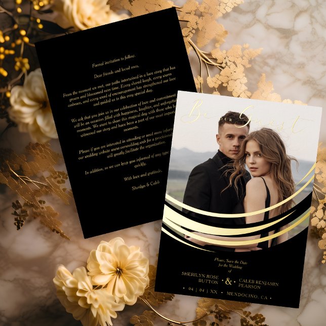 Sophisticated Modern Gold Abstract Geometric Shape (Sophisticated Modern Real Golden Metallic Foil Abstract Geometric Shape Photo Wedding Save the Date.)